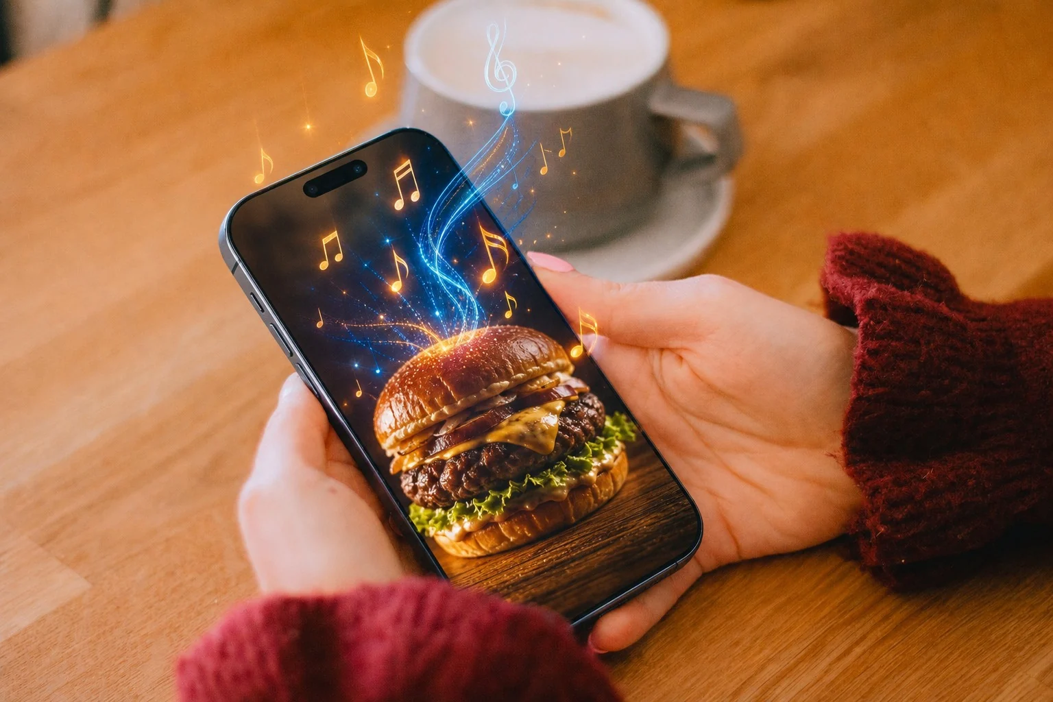 Publicidad de hamburguesa en un iPhone con una melodía saliendo de la pantalla