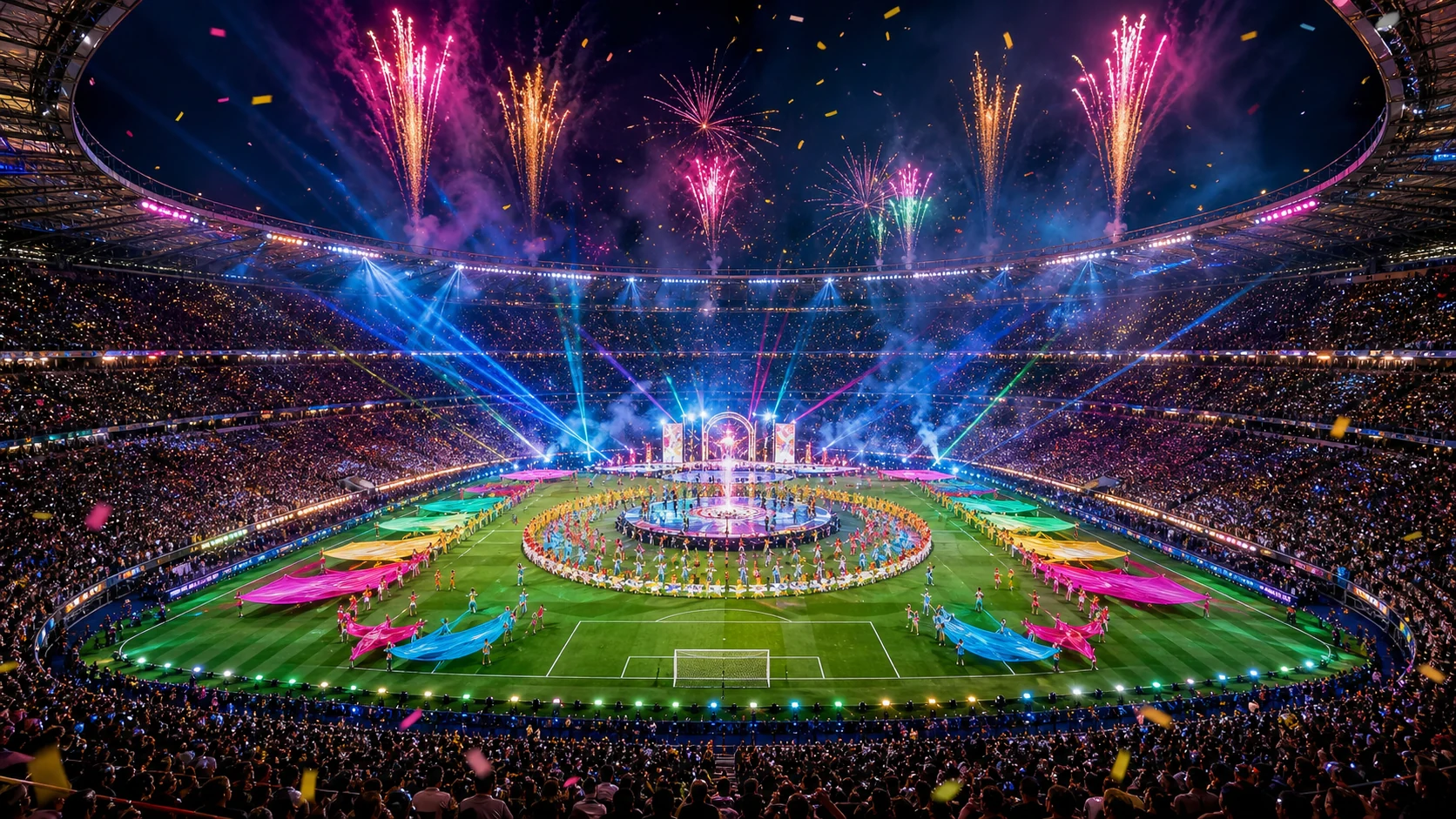 Estadio de fútbol lleno durante una ceremonia musical de apertura