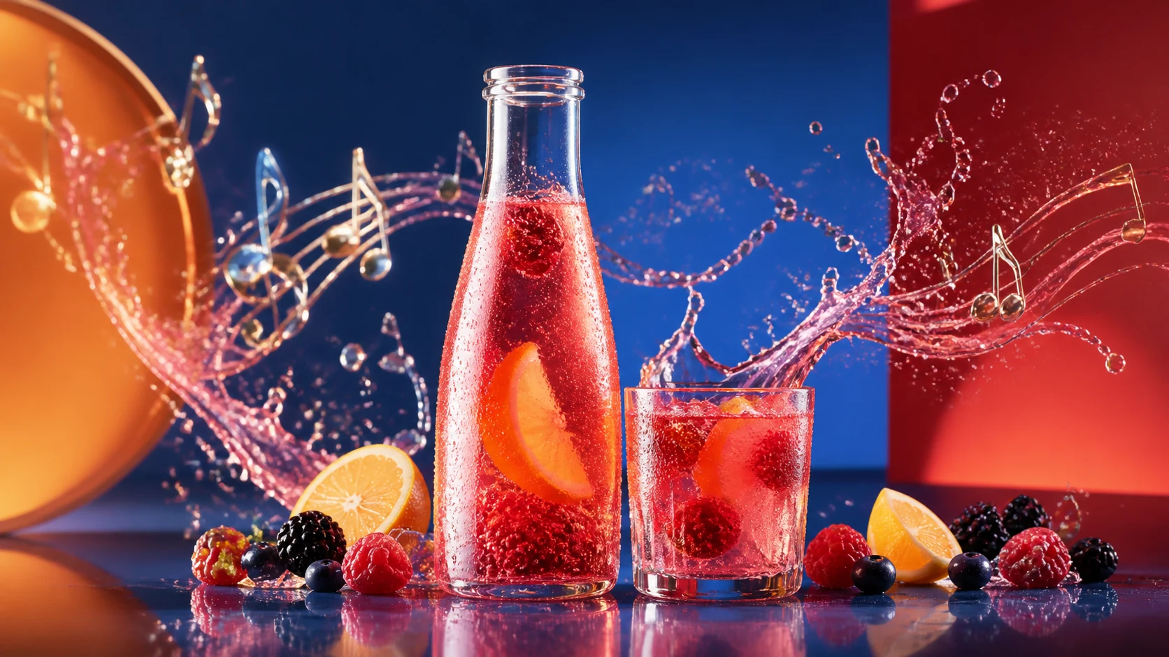 Botella de refresco rojo sin marca acompañada por notas musicales de un jingle publicitario