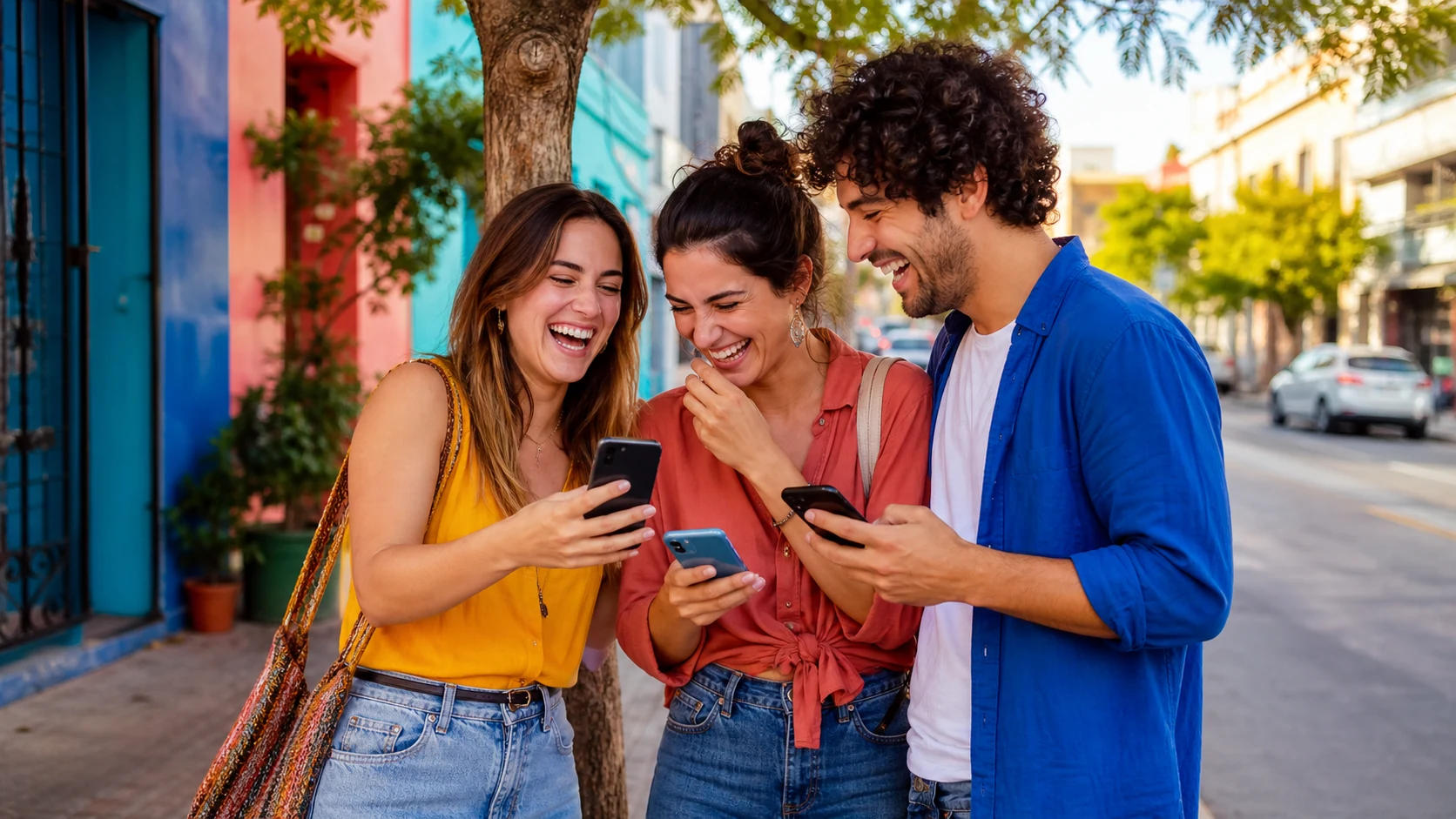 Tres jóvenes consultando redes sociales en sus teléfonos en una calle de la ciudad